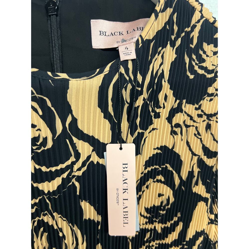 NWT Chico’s Black Label Sz4 Black Tan Floral Pleat Tiered Long Sleeve Midi Dress - Picture 3 of 5
